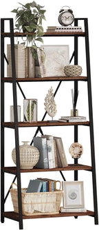 BON AUGURE Ladder Shelf Bookcase, 5-Tier Industrial Ladder Bookshelf, Tall Living Room Shelves, Wood and Metal Leaning Shelf for Home Office, Kitchen, Bedroom, Balcony (Rustic Oak)