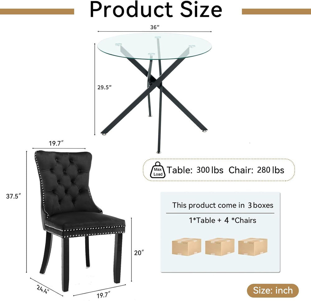 SSLine Modern 5-Piece Round Glass Dining Table Set for 4, Luxury 36" Cir...