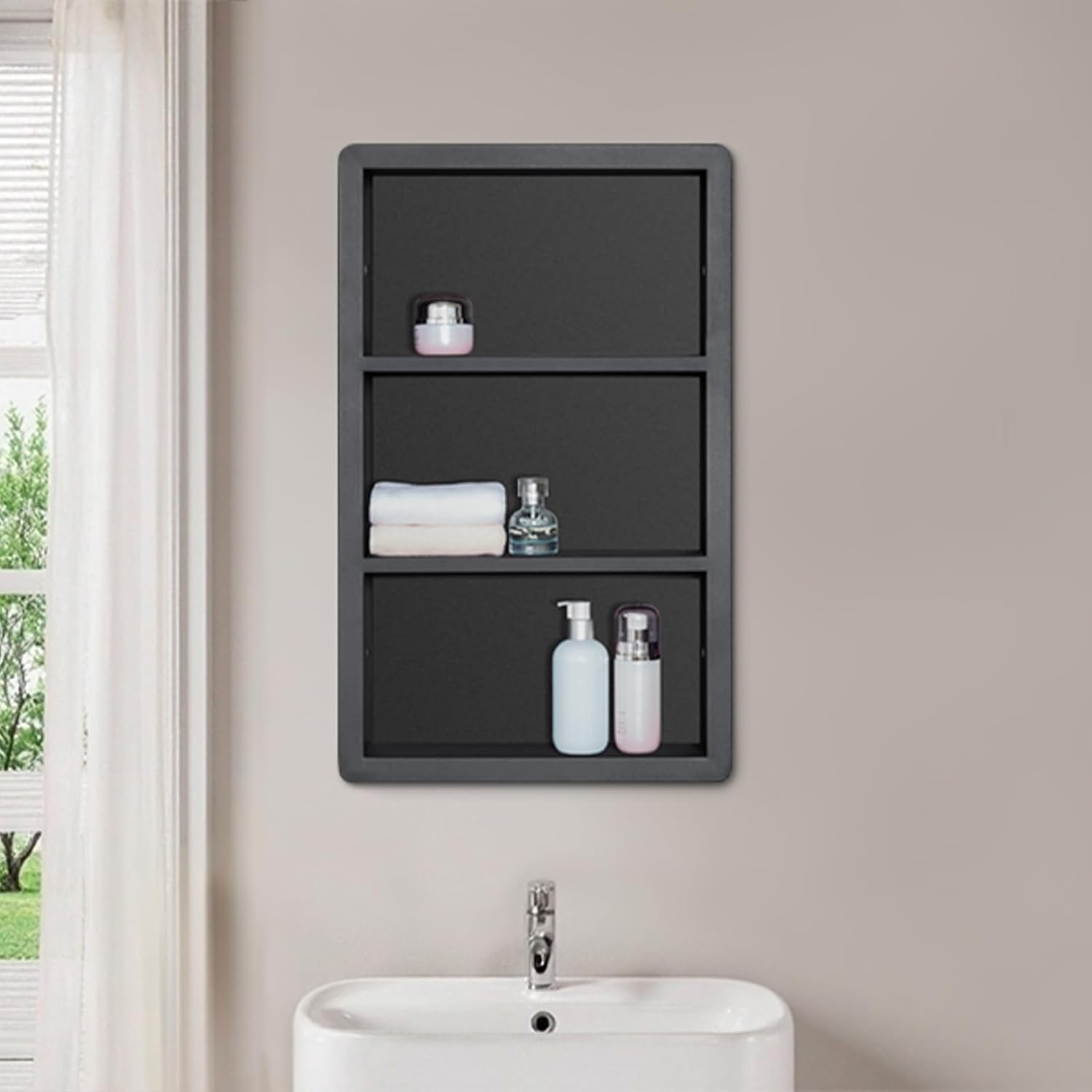 Recessed Medicine Cabinet No Mirror - 14x24 Bathroom Storage Wall Cabinet with 2 Shelves, 304 Stainless Steel Shower Niche, Matte Black Waterproof for Bathroom, Toilet, Vanity