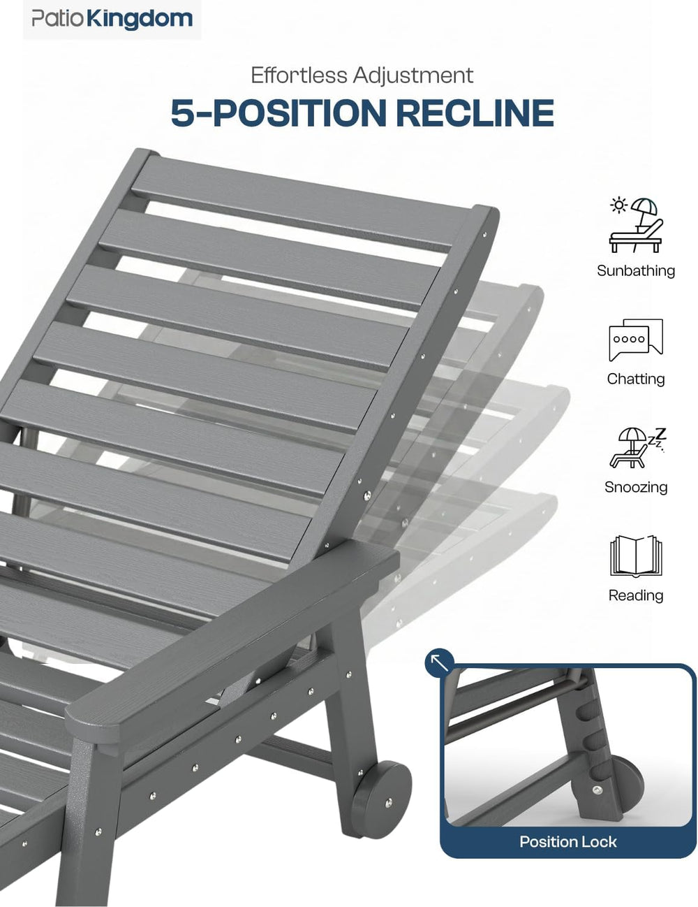 5-Position Adjustable Lounge Chair Outdoor, HDPE Outdoor Chaise Lounge with C...