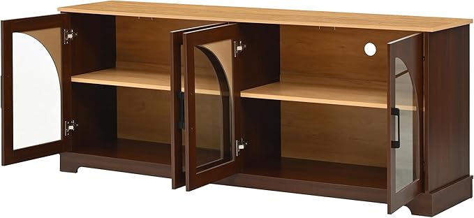 Farmhouse TV Stand with Adjustable Shelves for TVs up to 70'', Entertainment Center with Semi-Arched Glass Doors, Wood Grain Sideboard with Cable Management for Living Room, Walnut