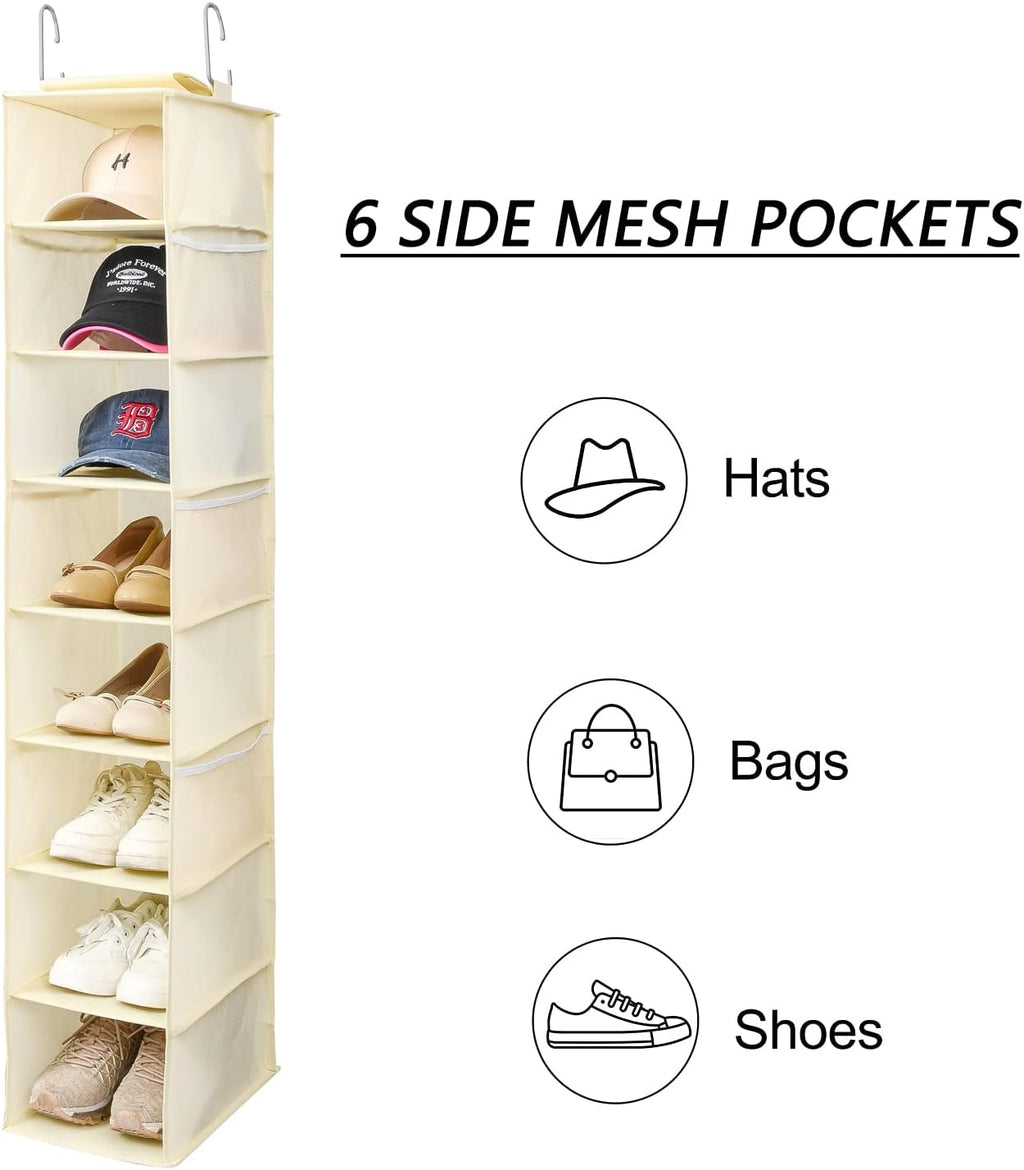 Berdeng Hanging Shoe Organizer for Closet with Side Mesh Pockets，Hat Racks for Baseball Caps，Shoe and Hat Holder & Storage，8-Shelf，Beige，1 Pack