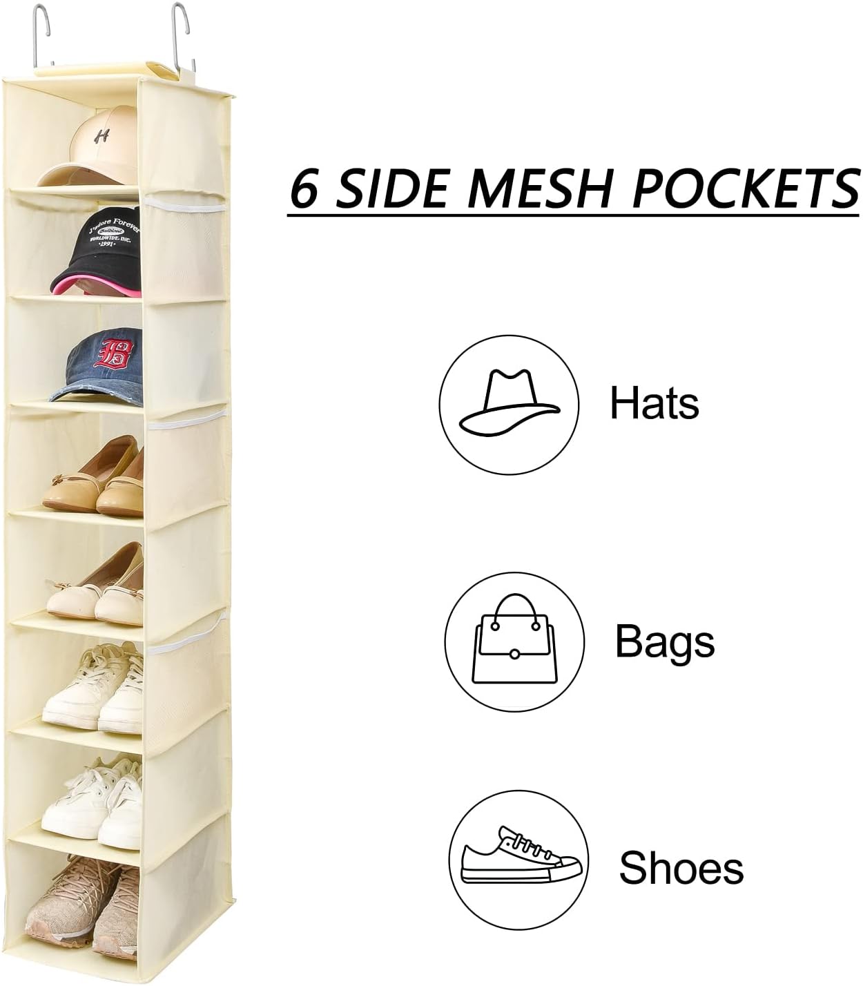 Berdeng Hanging Shoe Organizer for Closet with Side Mesh Pockets，Hat Racks for Baseball Caps，Shoe and Hat Holder & Storage，8-Shelf，Beige，1 Pack