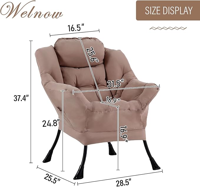 Welnow Lazy Chair for Living Room, Modern Reading Lounge Accent Chair with Armrests and a Side Pocket, Leisure Upholstered Lazy Sofa for Small Space, Bedroom, Dorm, Khaki