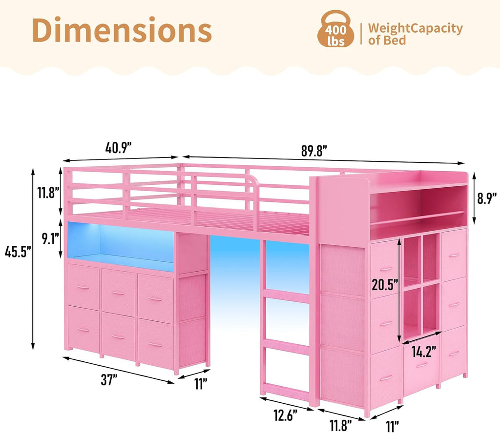 Low Loft Bed Twin Size with 13 Storage Drawers & Bookshelf, Twin Loft Bed with RGB LED Lights & Power Outlets, Metal Loft Bed with Safety Guardrail & Under-Bed Play Space, Pink