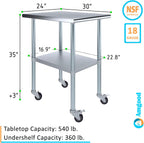 AmGood 30" x 24" Stainless Steel Work Table with Casters | Heavy Duty Metal Utility Table On Wheels | Kitchen Island Cart