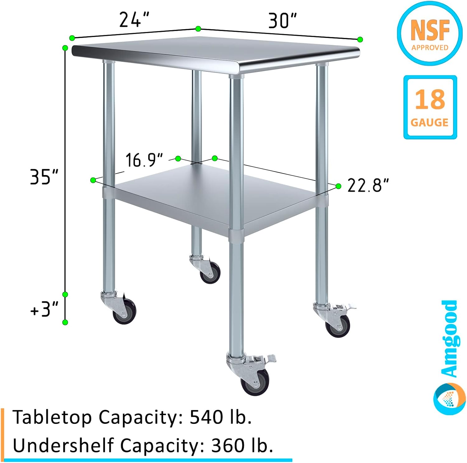 AmGood 24" Long x 30" Deep Stainless Steel Table with Casters