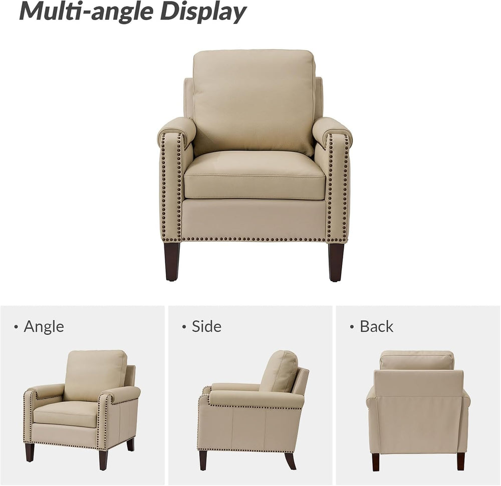 HULALA HOME Genuine Leather Accent Chair Set of 2 with Nailhead Trim, Beige |...
