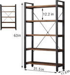 5 Tier Bookcase, Solid Wood Bookshelf Rustic Vintage Industrial Etagere Bookcase, Metal and Wood Free Vintage Bookshelf, Retro Brown (Real Wood) (5-Tiers)