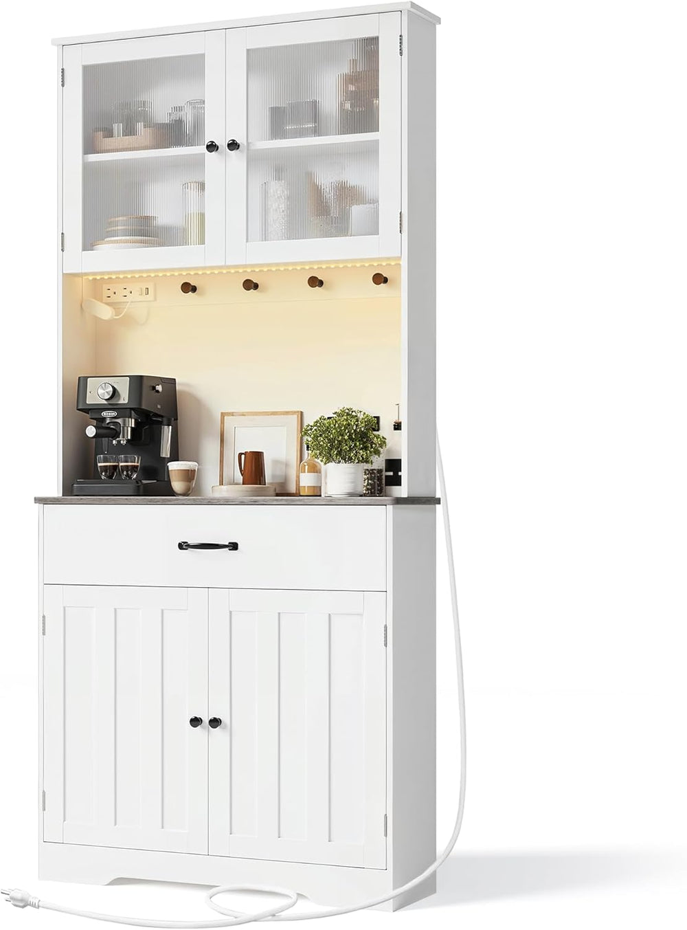 Gizoon 71" H Pantry Cabinet with LED Lights, Tall Farmhouse Kitchen Stor...