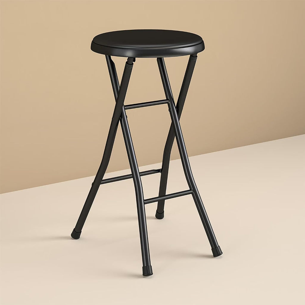 24" Vinyl Padded Folding Stool, Portable Heavy Duty Foldable Stool for Home & Shop, Black