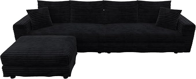 KEIKI 102.4" Sectional Couches, Modern Comfy Upholstered Sofa Cloud Couch, Deep Seat 4 Seat Sofa Set with Soft Pillows and Movable Ottoman for Living Room, Apartment, Office, Black