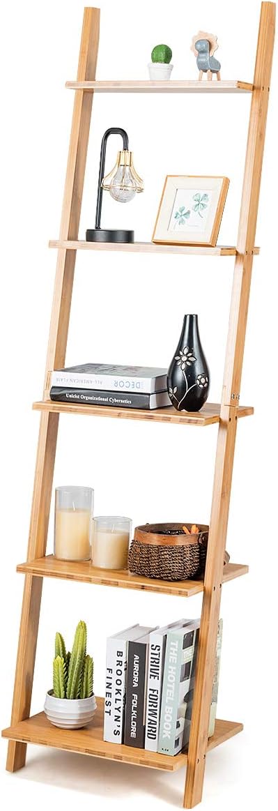 Tangkula Bamboo 5-Tier Ladder Shelf Bookshelf, Wall-Leaning Bookshelf, Plant ...