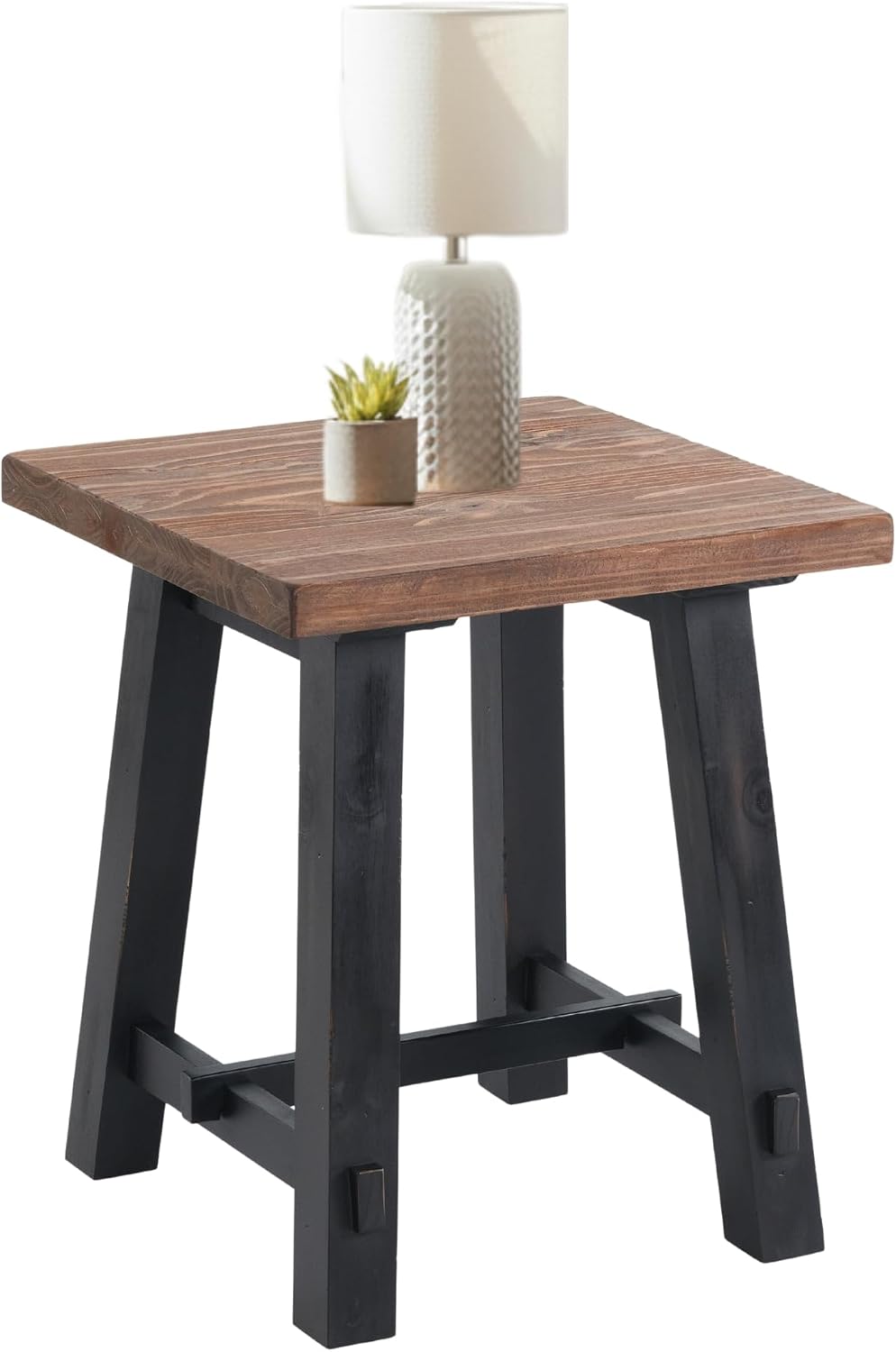 Adam Rustic Industrial Side Table – 21” Solid Wood Square End Table with Natu...