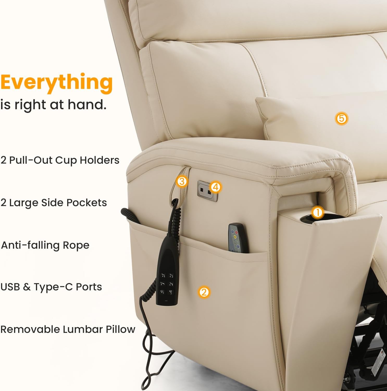 Triple Motor Power Lift Recliner Chair for Elderly, Lay Flat Lift Chair | Power Headrest, Vibration Massage & Heat, Infinite Position, Pockets & USB, Lumbar Pillow, Cup Holders, Premium Leather,Beige