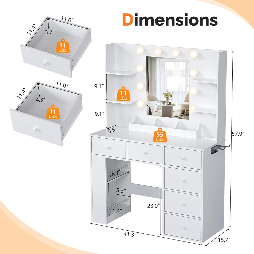 VINGLI Vanity Desk with Mirror and Lights, Makeup Vanity Table w/ 6 Storage D...