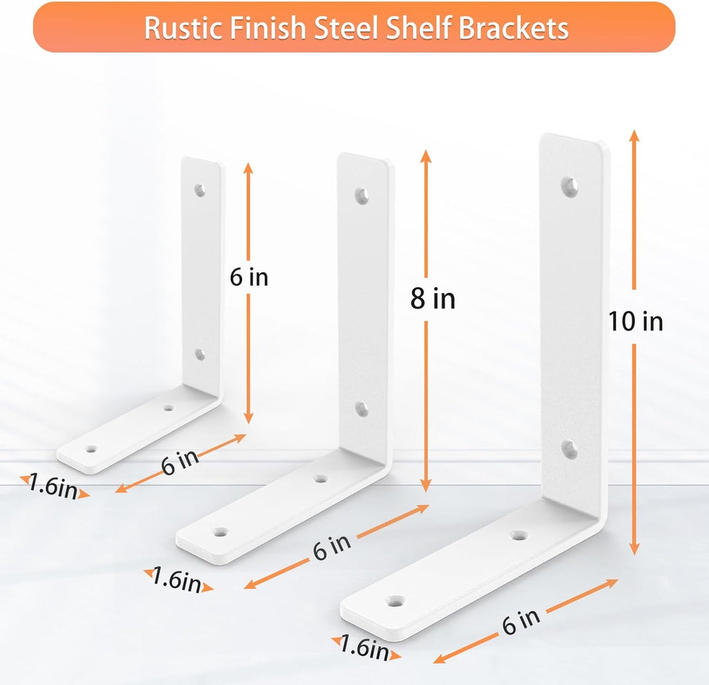 White Heavy Duty Shelf Brackets 6 Inch, Rustic Gold Iron L Shelf Bracket, Industrial Modern Metal Floating Shelf with Hardware for DIY Open Shelving, 4 Pack