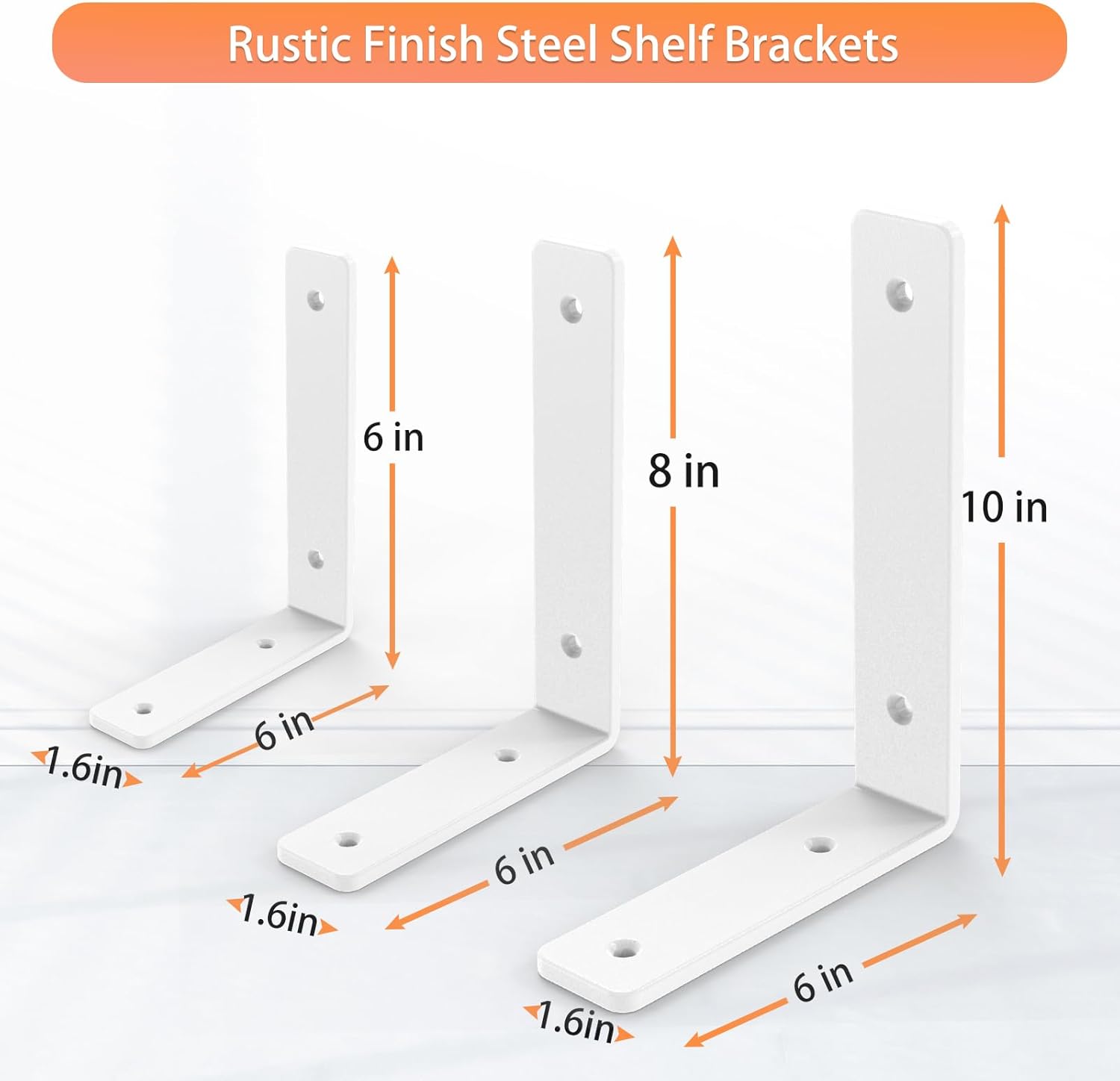 White Heavy Duty Shelf Brackets 6 Inch, Rustic Gold Iron L Shelf Bracket, Industrial Modern Metal Floating Shelf with Hardware for DIY Open Shelving, 4 Pack