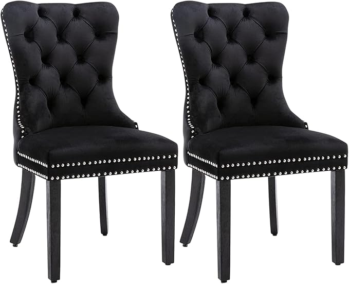 Velvet Dining Chairs Set of 2, Tufted Dining Room Chairs with Nailhead Ring Pull Trim, Upholstered Dining Chairs with Solid Wood Legs for Kitchen Dining Room (Black)