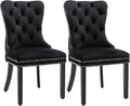 Velvet Dining Chairs Set of 2, Tufted Dining Room Chairs with Nailhead Ring Pull Trim, Upholstered Dining Chairs with Solid Wood Legs for Kitchen Dining Room (Black)