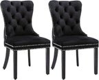 Velvet Dining Chairs Set of 2, Tufted Dining Room Chairs with Nailhead Ring Pull Trim, Upholstered Dining Chairs with Solid Wood Legs for Kitchen Dining Room (Black)