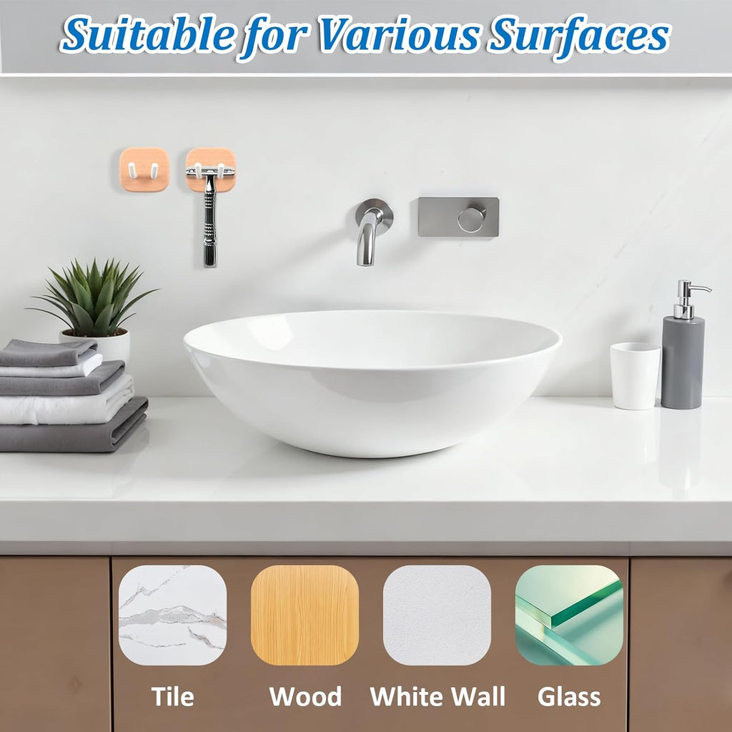 2PCS Solid Shaving Razor Wall Mount Holder, Self-Adhesive Razor Hooks Shelf Organizer for Bathroom Kithchen, No-Drill Storage Hooks for Razors, Towels, Keys