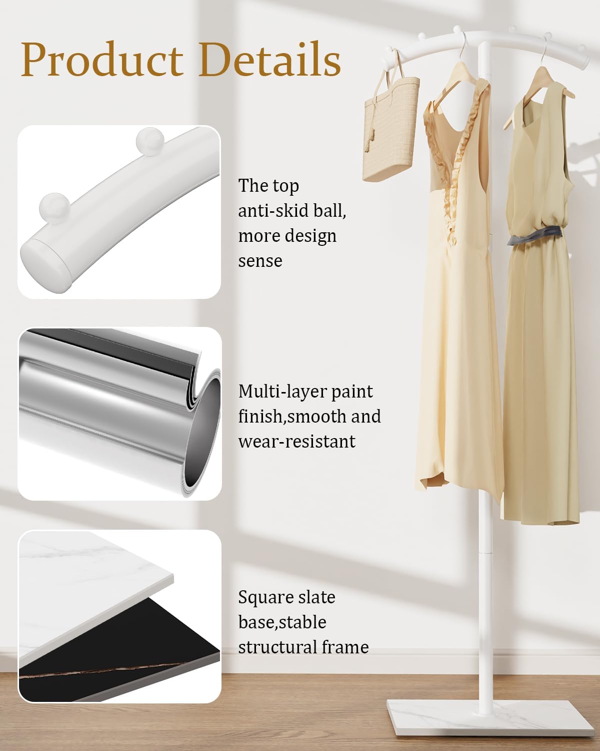 Arcuate Garment Rack, T-shaped Coat Tree Freestanding, Metal Coat Racks, Natural Stable Rock Base, Suitable For Entrances, Corridors, Halls, 68.9in, White