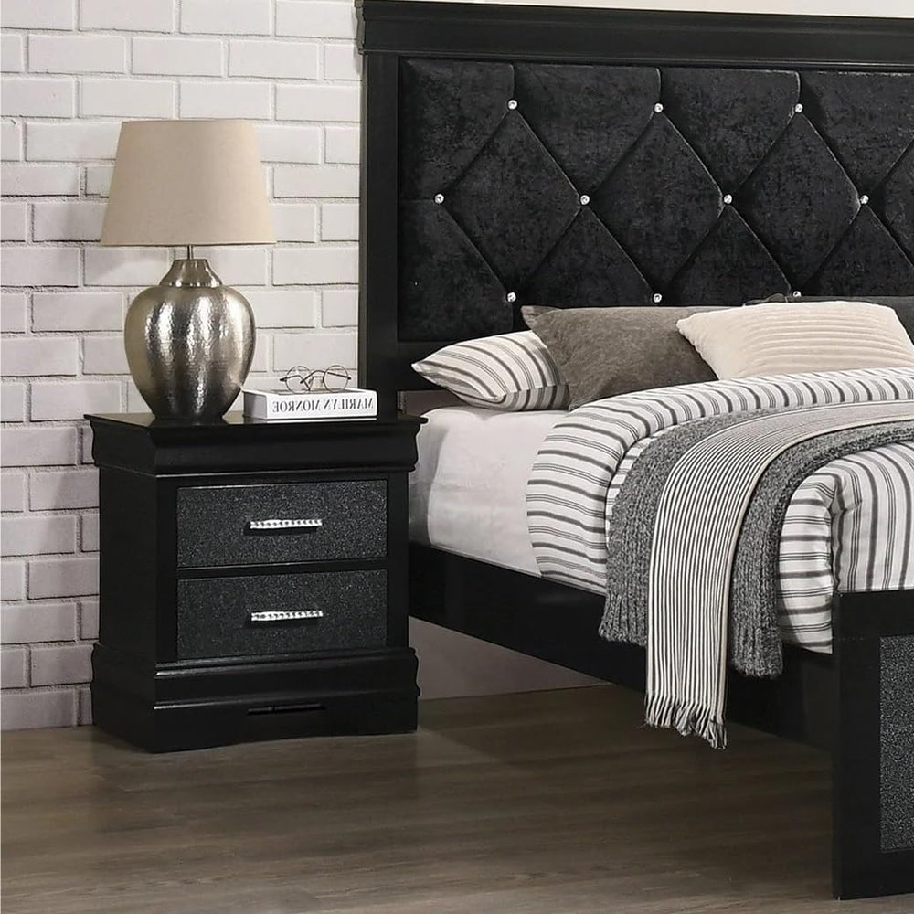 Modern Style Two Drawers Nightstand Black Finish Solid Wood Crystal-Like Butt...