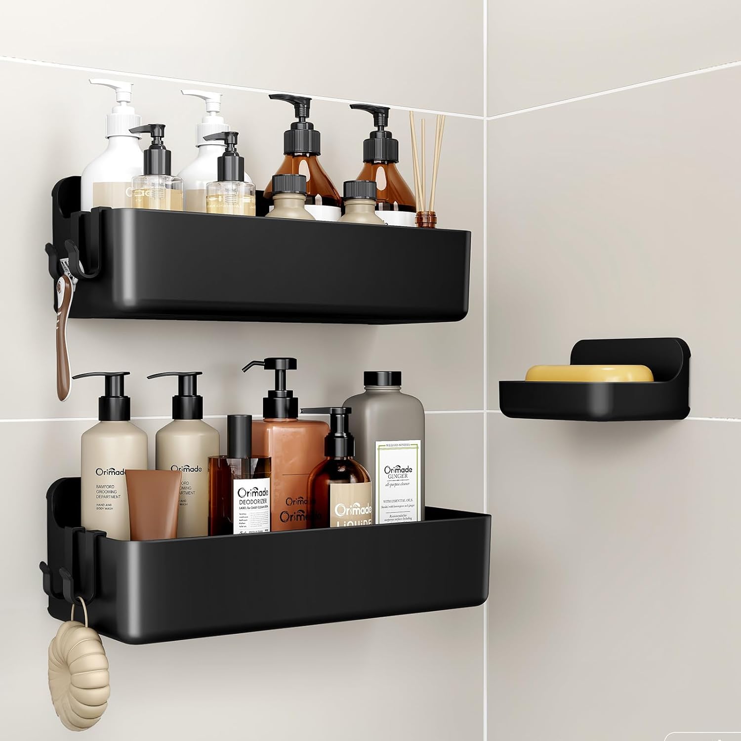 Orimade Shower Caddy 3-Pack, No-Drill Adhesive Shelves for Bathroom, Rustproof ABS Storage Organizer Set, Black