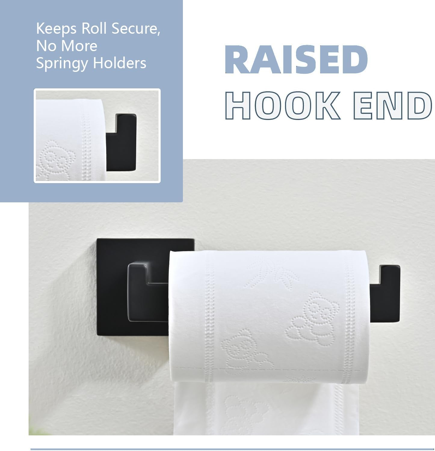 3PCS Bathroom Hardware Set, Matte Black Toilet Paper Holder, 2 Square Towel Robe Hooks, SUS 304 Stainless Steel, Wall Mounted, Modern, Rust‑Resistant (Black)