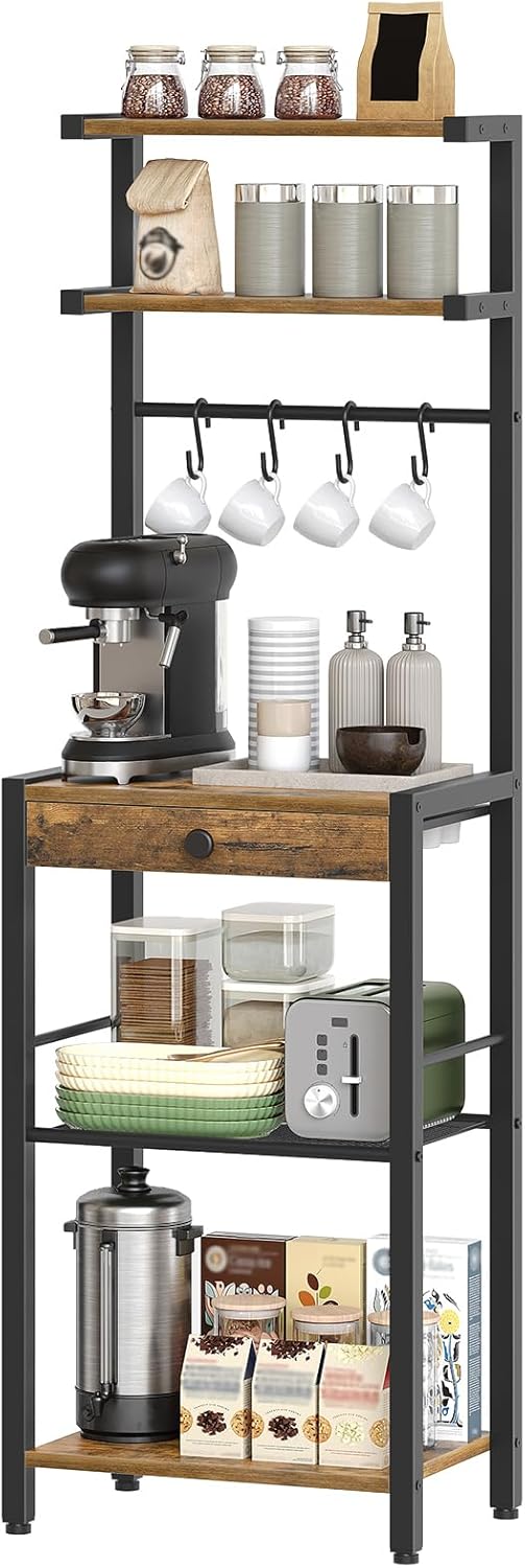 YATINEY Bakers Rack, 5-Tier Coffee Bar Station, Coffee Stand with Pod Drawer ...