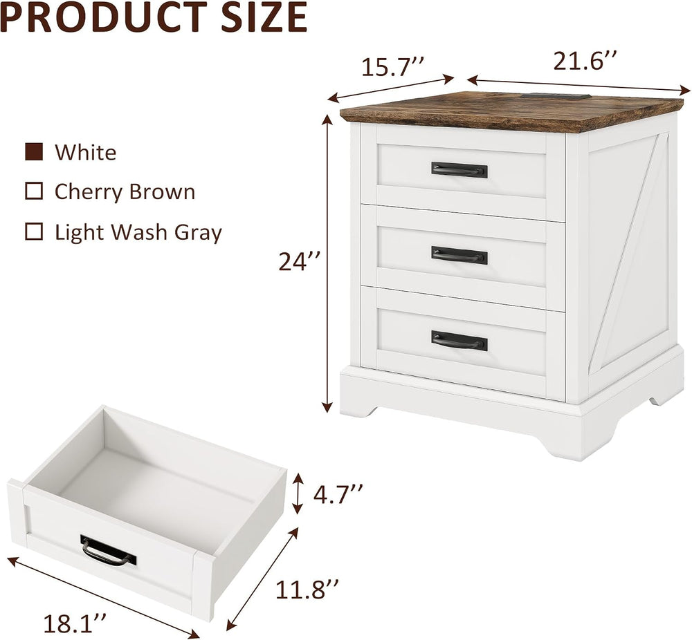 Whalefall 3 Drawers Farmhouse Nightstand with Charging Station, White | 22...