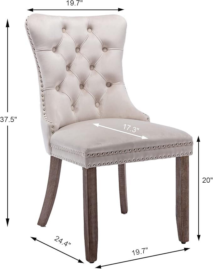 Beige Velvet Dining Chairs Set of 6, Upholstered Dining Room Chairs with Back Ring Pull Trim and Solid Wood Legs, Tufted Wingback Kitchen Chairs for Dining Room,Living Room,Kitchen(Beige)