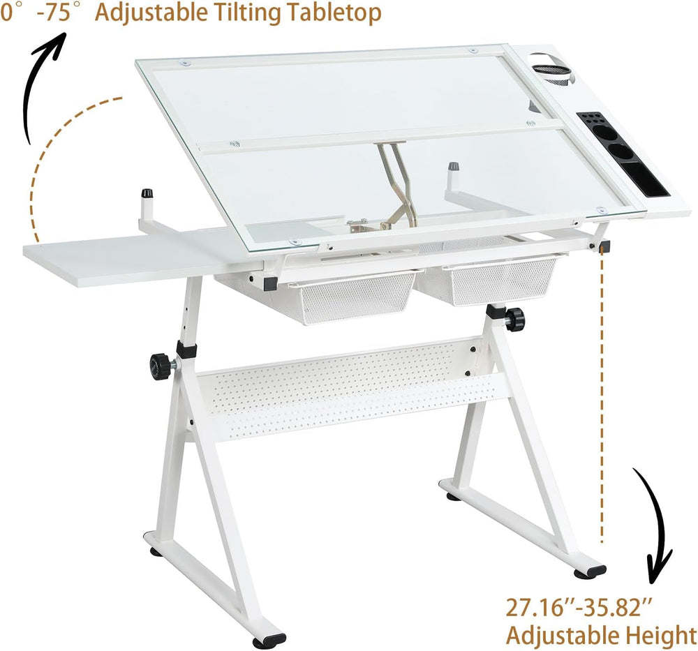 Drafting Table with Stool, Height Adjustable Art Desk with Tilting Tempered G...