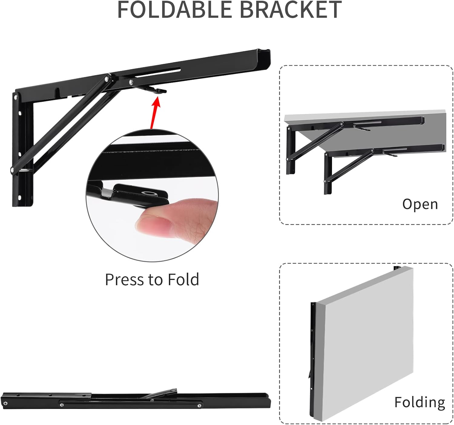 YUMORE Folding Shelf Brackets, 18 Inch Heavy Duty Collapsible Shelf Bracket, Black DIY L Bracket for Workbench Folding Table Hinge, Max Load: 330lb, 2 Pack