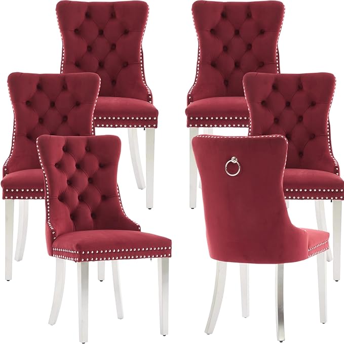 Mid Century Modern Dining Chairs Set of 6, Velvet Upholstered Kitchen & Dining Room Chairs with Nailhead Trim & Brushed Silver Metal Legs, Tufted Kitchen Chairs, Elegant Sillas De Comedor (Red, 6 Pcs)