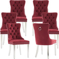Mid Century Modern Dining Chairs Set of 6, Velvet Upholstered Kitchen & Dining Room Chairs with Nailhead Trim & Brushed Silver Metal Legs, Tufted Kitchen Chairs, Elegant Sillas De Comedor (Red, 6 Pcs)