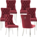Mid Century Modern Dining Chairs Set of 6, Velvet Upholstered Kitchen & Dining Room Chairs with Nailhead Trim & Brushed Silver Metal Legs, Tufted Kitchen Chairs, Elegant Sillas De Comedor (Red, 6 Pcs)