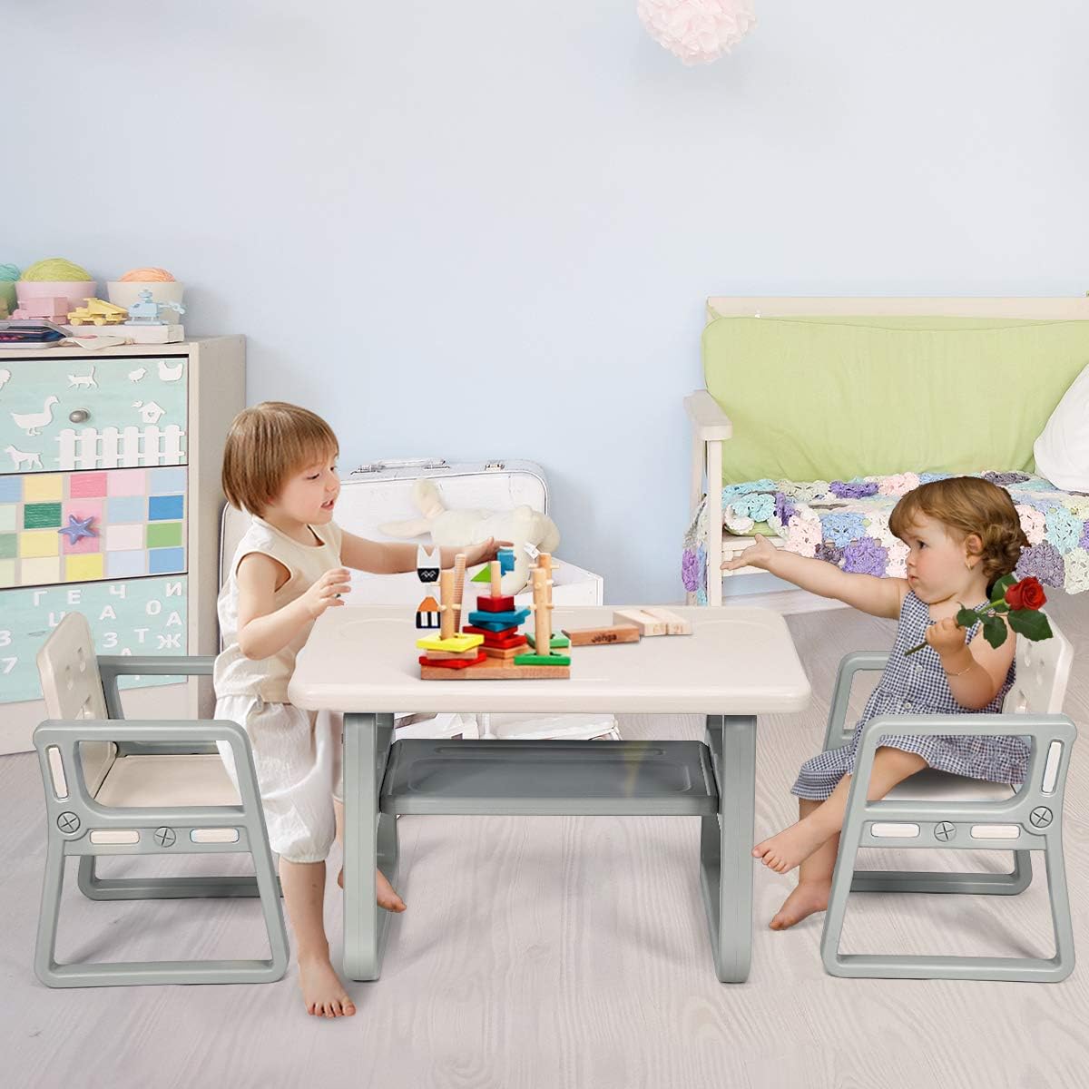 Costzon Kids Table and Chair Set, Children Activity Table & 2 Chairs w/Storage Rack for Toddler Arts, Crafts, Reading, Drawing, Playroom, Preschool, Gift for Boys & Girls, Toddler Table and Chair Set