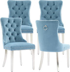 Mid Century Modern Dining Chairs Set of 4, Velvet Upholstered Kitchen & Dining Room Chairs with Nailhead Trim & Brushed Silver Metal Legs, Tufted Kitchen Chairs, Sillas De Comedor (Sky Blue, 4 Pcs)
