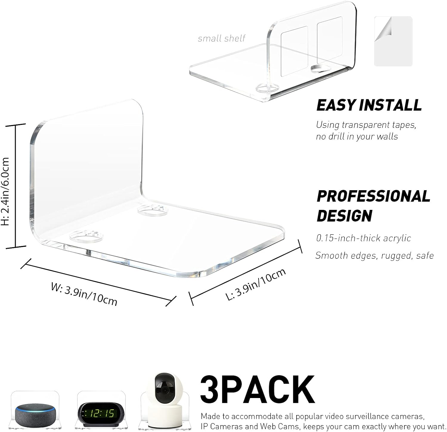 OAPRIRE Acrylic Floating Wall Shelves Set of 3 for Security Cameras, Baby Monitors, Speakers - Universal Small Wall Shelf with Cable Clips, 10-Piece Strong Tapes, No Drill (Clear)
