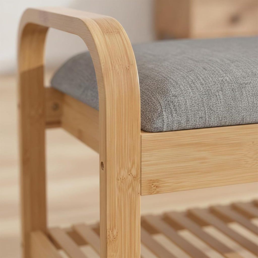 Children Footstool Organizer Bench with Upholstered Seat and Bamboo Shoe Rack Sturdy Build with Straight Legs Rounded Handles for Easy Carry Suitable for entryway Nursery Living Room Hallway