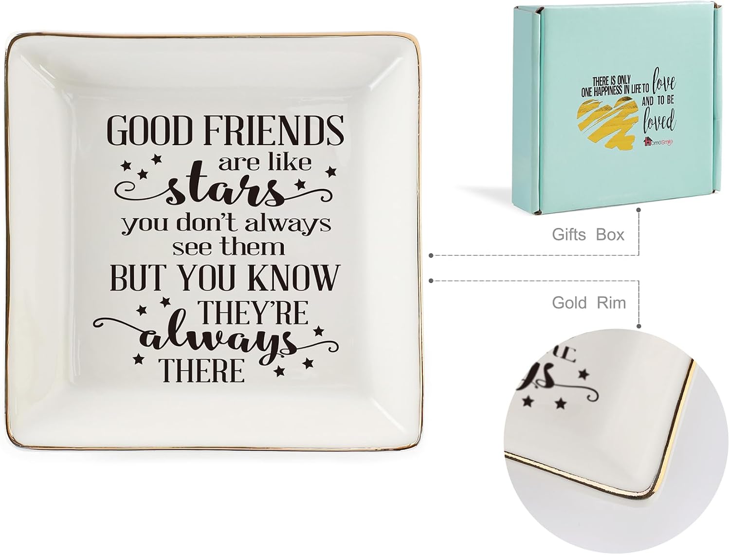 HOME SMILE Good Friends Bestie Birthday Gifts for Women Her Ring Trinket Dish Jewelry Tray-Good Friends are Like Stars - You Don't Always See Them But You Know They're Always There, Friendship Gifts