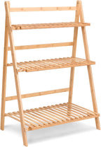 Casart Bamboo Ladder Stand Shelf, Foldable Multifunctional Flower Display Rack, 3-Tier Storage Rack for Home and Office
