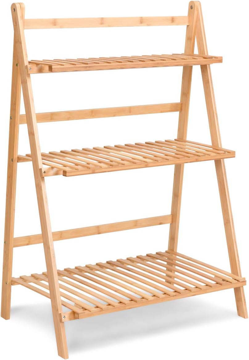Casart Bamboo Ladder Stand Shelf, Foldable Multifunctional Flower Display Rack, 3-Tier Storage Rack for Home and Office