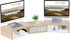 TEAMIX 3 Shelf Monitor Stand Riser with Drawer-Length and Angle Adjustable Dual Monitor Riser with Storage Corner Desk Shelf Organizer Large Computer Stand for 2 Monitors/Laptop (Maple, 1 Drawer)