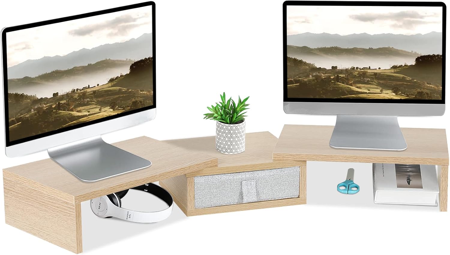 TEAMIX 3 Shelf Monitor Stand Riser with Drawer-Length and Angle Adjustable Dual Monitor Riser with Storage Corner Desk Shelf Organizer Large Computer Stand for 2 Monitors/Laptop (Maple, 1 Drawer)
