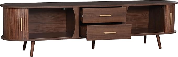 Ball & Cast Mid-Century Modern TV Stand for 80", Media Console with Sliding Doors, 2 Drawers & Solid Wood Legs, Waterproof Wood Grain Entertainment Center w/Storage for Living Room/Bedroom,Dark Brown