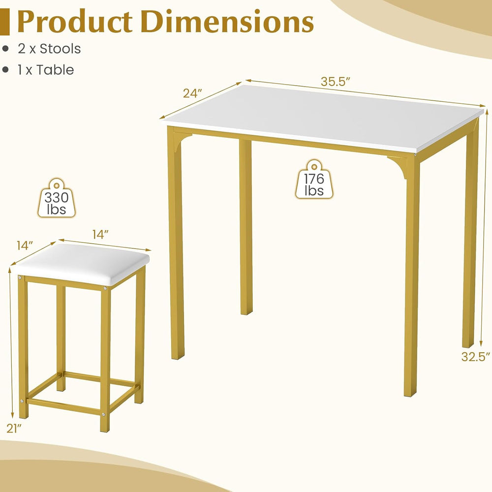 GIANTEX 3-Piece Dining Table Set for 2, Upholstered Stools (White+Gold) | Cou...
