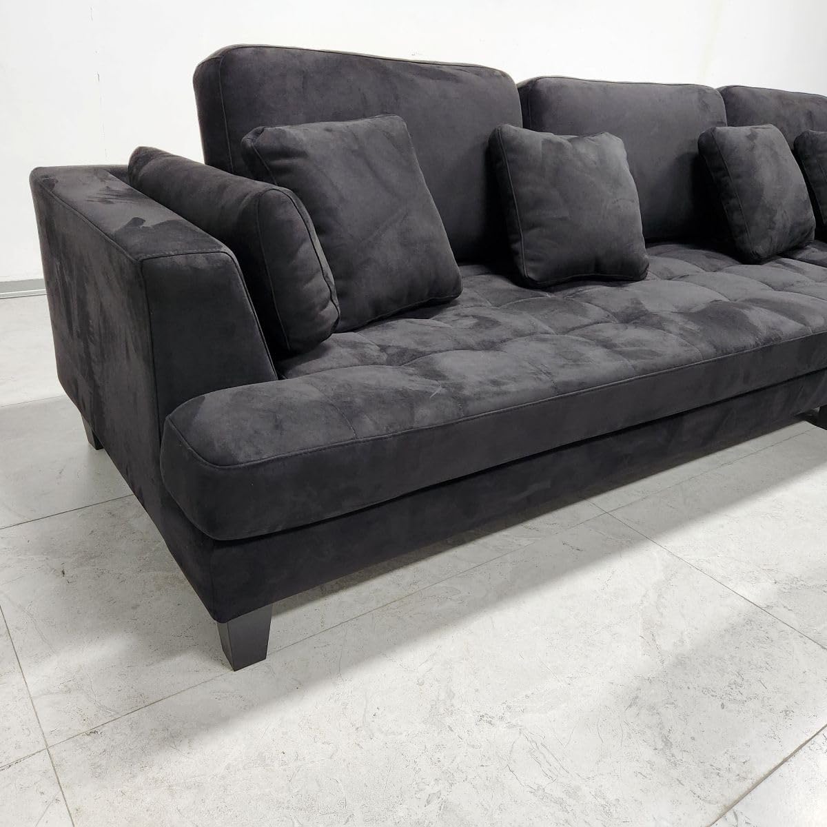 Stendmar 3pc 120" Contemporary Black Microfiber Fabric Couch Sectional Sofa Chaise Ottoman S16RBK (Black, Right Hand Facing)